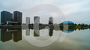 Modern Chinese Architecture with Uniform Sky and Water