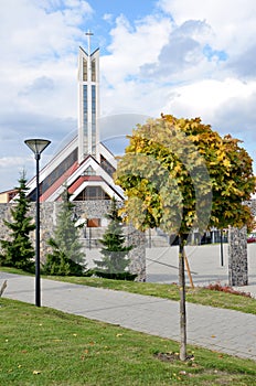 Modern christian church in Slovakia in sunshine