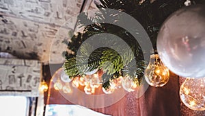 Modern Christmas decorations with ceiling light decorating the bus inside