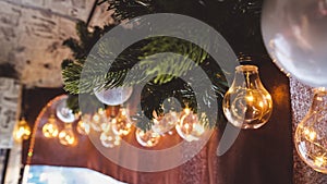 Modern Christmas decorations with ceiling light decorating the bus inside