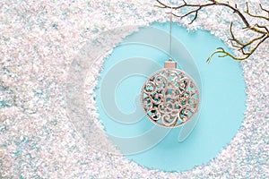 Modern Christmas holiday ornament decorations in contemporary trendy blue and white colors with sparkling glitter on