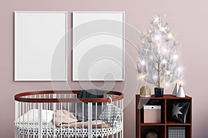 Modern Christmas interior of the childroom. sleeping place. 3d i