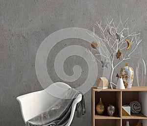 Modern Christmas interior with credenza, Scandinavian style. Wall mock up.