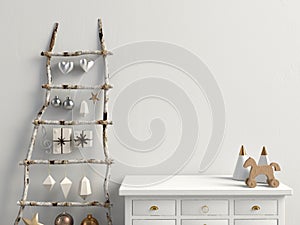 Modern Christmas interior with credenza, Scandinavian style. Wall mock up.