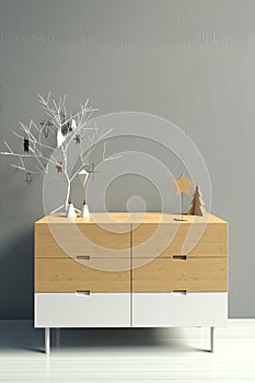 Modern Christmas interior with credenza, Scandinavian style. Wall mock up. 3D illustration