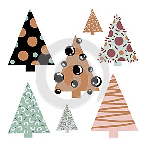 Modern christmas picture with abstract shapes christmas tree vector set .Trendy christmas trees collection