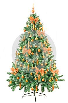 Modern Christmas tree with bronze decorations - full lenght isolated on white background