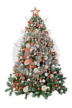 Modern christmas tree isolated on white background, decorated with vintage ornaments; ratan balls, burlap and tartan ribbons, wood
