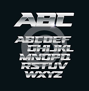 Modern chrome vector font. Metallic letters, polished steel style symbols. Aluminium bold geometric alphabet.