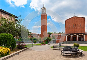 Modern church on town square in Alba.