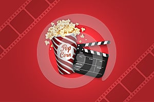 Modern Cinema Background. Film frame with popcorn box, film roll, clapper. Design flyer or poster, banner, brochure, poster,