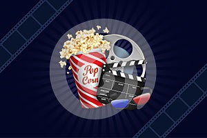 Modern Cinema Background. Film strip frame with popcorn box, film roll, clapper, 3D glasses. Film template flyer or poster