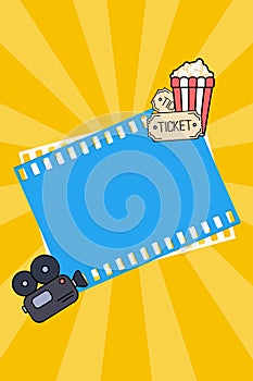 Modern Cinema Background with place for text. Film frames with popcorn box, ticket, camcorder. Design flyer or poster, banner,