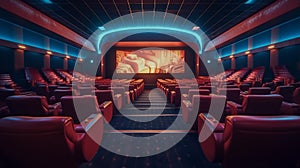 Modern cinema with empty seats. Generative AI.