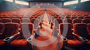 Modern cinema with empty seats. Generative AI.