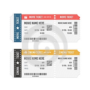 Modern cinema or movie tickets isolated on white background. Realistic front view vector illustration.