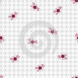 Modern circle geometric background  contrast with softly pink daisy flowers seamless pattern in vector ,Design for fashion fabric,