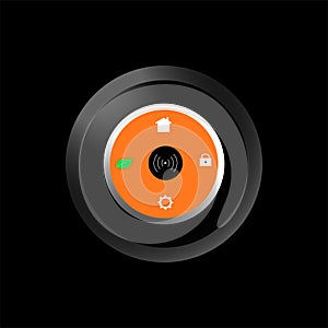 Modern circle thermostat with home,  icons in, modem in orange colour with home icons