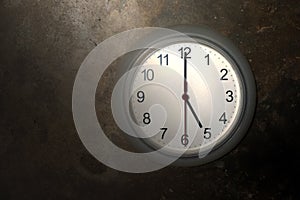 Modern circular clock hanging on old cement wall background and tell time in morning or evening, Home decoration