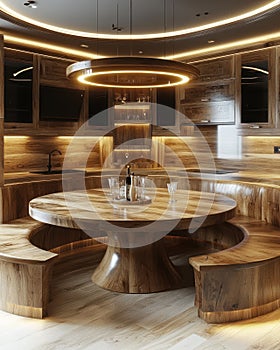 Luxury Modern Kitchen with Wooden Dining Table and Integrated Seating