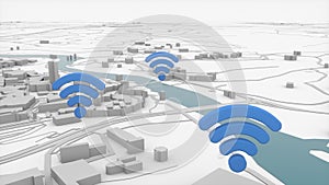 Modern city aerial view and communication network concept. Smart city. Wireless 5G technology. IoT
