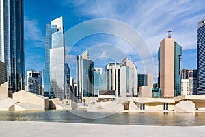 Modern city architecture and famous skyscrapers of Abu Dhabi skyline with beautiful clouds, World Trade Center UAE