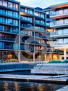 Modern city architecture, new quarter in Oslo - the residential complex of apartment buildings and outdoor facilities