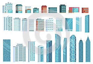 Modern city buildings. City skyscraper building, town houses, business office skyscrapers vector illustration set