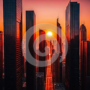 modern city with buildings at sunset in red and