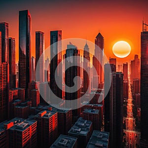 modern city with buildings at sunset in red and