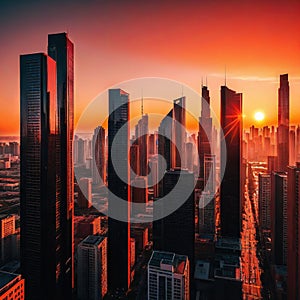 modern city with buildings at sunset in red and