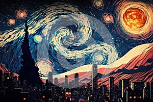 Modern city with bunch of building at night. Starry sky. Post-impressionism style picture. Generative AI