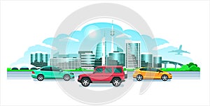 Modern City & cars, panorama. Seaside sunrise or sunset, a picturesque landscape with modern snowy buildings & multicolored