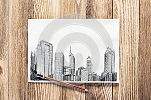 Modern city center pencil draw