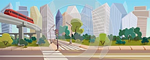 Modern city crossroad cartoon landscape vector illustration background concept