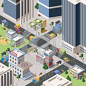 Modern city crossroad detailed vector isometric illustration