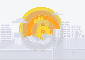 Modern City, and digital payment. Bitcoin icon rises up like sun in city