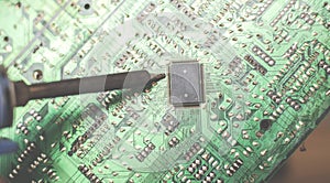 Modern city diorama and electric circuit board digital transformation abstract image visual