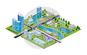 Modern city exterior map isometry. Infrastructure street district skyscraper downtown, childish park