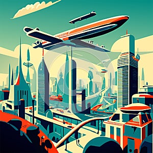 Modern city landscape with airplane flying above skyscrapers. Vector illustration Generative AI