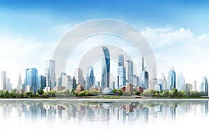 Modern city landscape with skyscrapers and lake illustration. CBD skyline full city view and tall financial buildings in Beijing,