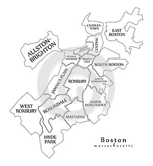 Modern City Map - Boston Massachusetts city of the USA with boroughs and titles outline map