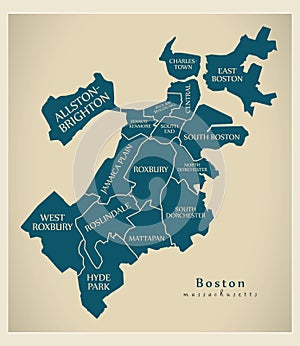 Modern City Map - Boston Massachusetts city of the USA with boroughs and titles photo