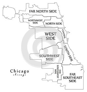 Modern City Map - Chicago city of the USA with boroughs and titles outline map photo