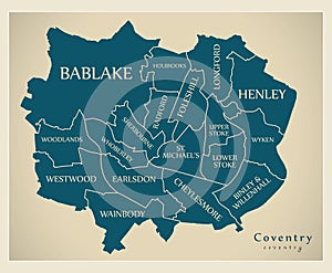 Modern City Map - Coventry city of England with wards and titles photo