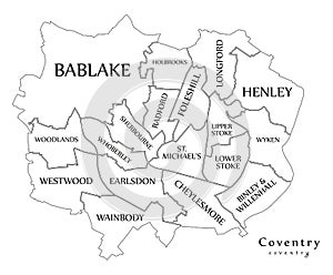 Modern City Map - Coventry city of England with wards and titles photo