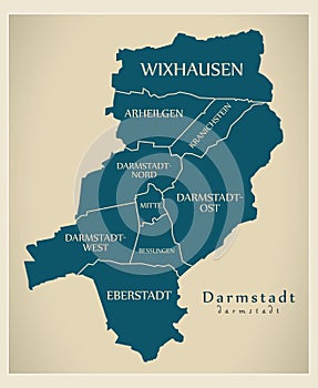 Modern City Map - Darmstadt city of Germany with boroughs and titles DE