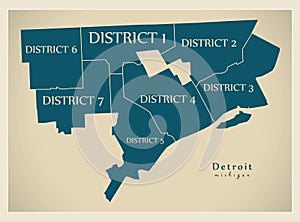 Modern City Map - Detroit Michigan city of the USA with district