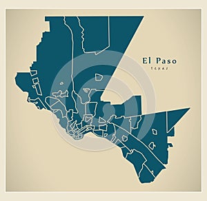 Modern City Map - El Paso Texas city of the USA with neighborhoods