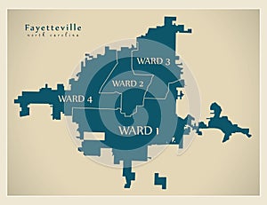 Modern City Map - Fayetteville North Carolina city of the USA with wards and titles